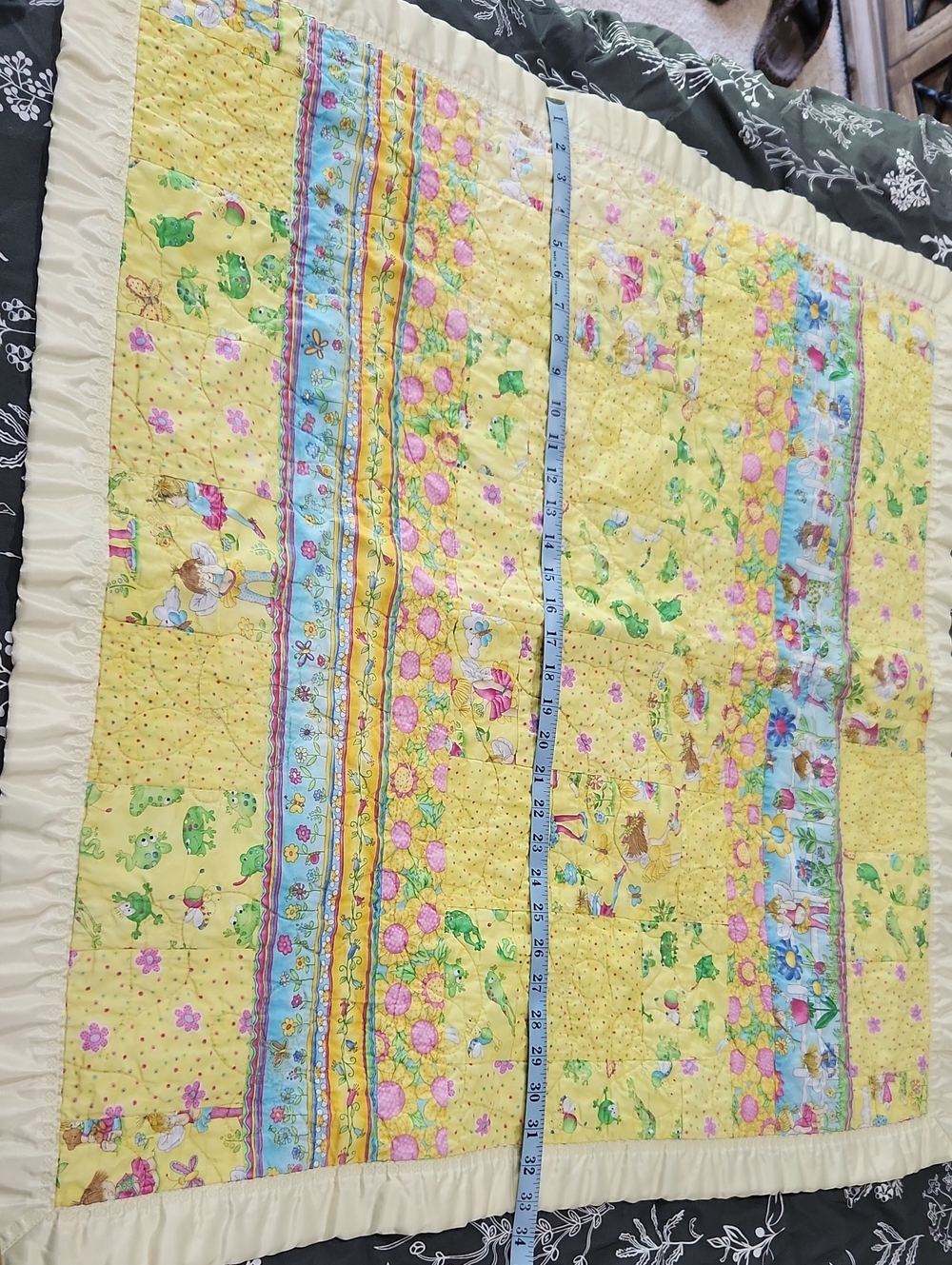 Yellow Patchwork Baby Quilt with Floral and Frog Motif